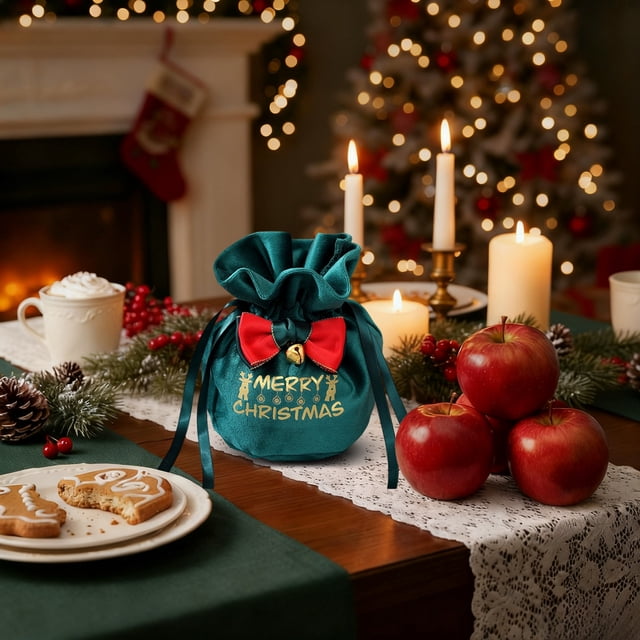 SouMaox Christmas Velvet Drawstring Bag Soft Texture Ribbon Closure Holiday Packaging Festive Supplies for Winter Party Exchange