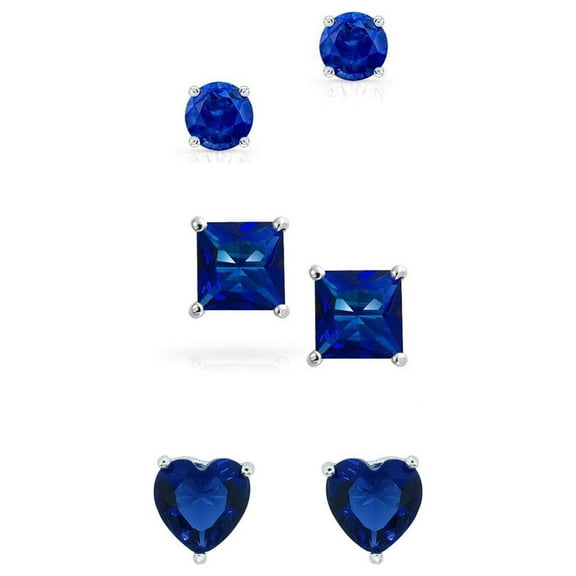 18k White Gold 4Cttw Created Blue Sapphire 3 Pair Round, Square and Heart Stud Earrings Plated