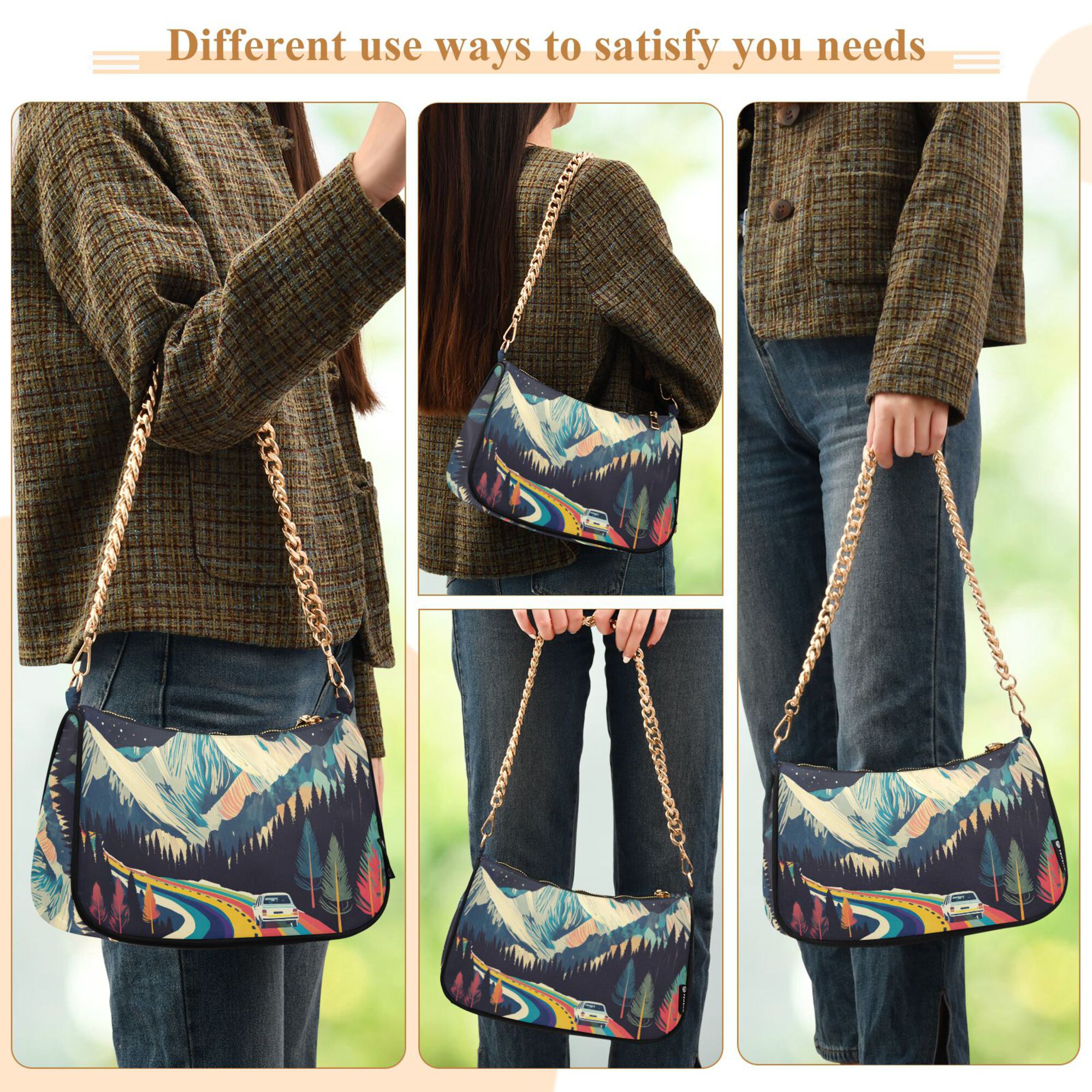 FORMRS Womens Shoulder Bag with Chain Strap Clutch Purse Cute Tote Handbag, Evening Mountain Road