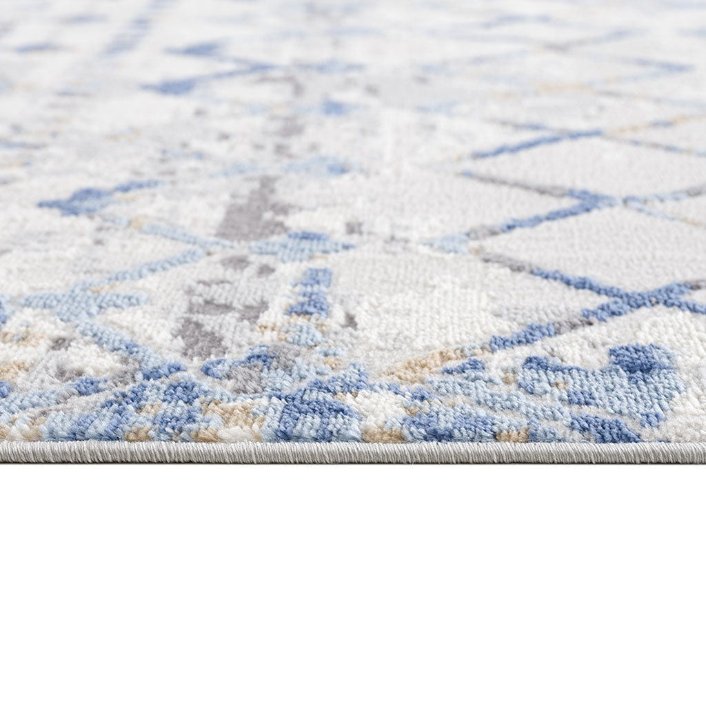 5x7 Blue Cream Geometric Rug Medium Pile Stain Fade Resistant Non-Slip Latex Backing Easy Clean for High-Traffic Living Room