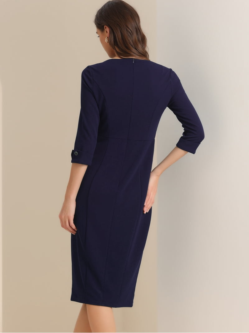 navy blue sheath dress 3 4 sleeve Karen Kane Navy Cascade Wrap Dress