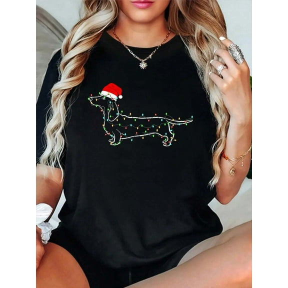 100% Cotton Dachshund Christmas Lights Santa Hat Xmas Dog Lover T-Shirt Women's Men's Graphic Tee,Casual Short Sleeve Shirt