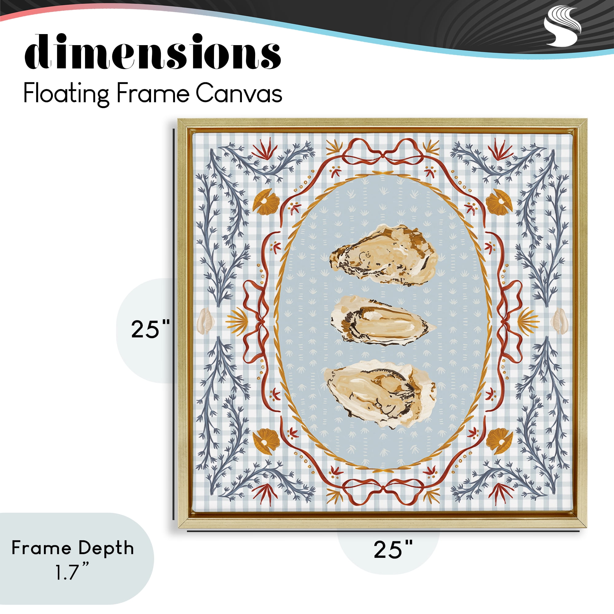 Stupell Industries Oyster Trio on Blue Gingham Gold Framed Floater Canvas Wall Art, design by Vero Illustrates