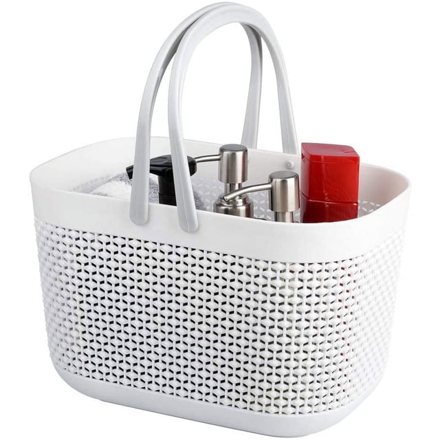 Cestas de almacenamiento organizadoras de plástico con asas, organizador de contenedores de ducha para baño y cocina (blanco)