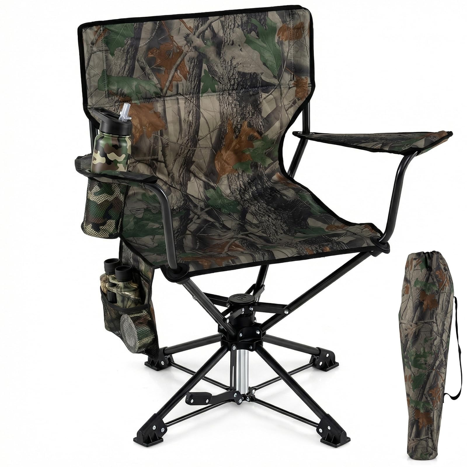 Swivel Hunting Chair Folding Hunting Blind Chair for Adults with Cup Holder & Carrying Bag Lightweight Portable Camping Chairs for Lawn Fishing Picnic Beach Outdoor(Camouflage)