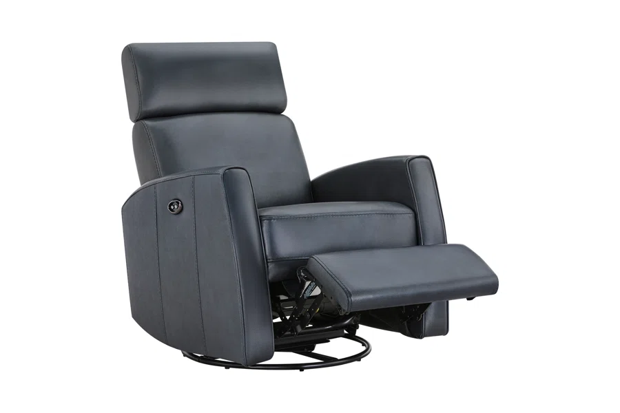 Spruce & Spring Premium Genuine Leather Power Swivel Glider Recliner With Dual Armrests 1 Piece Indoor Use Blue Fabric