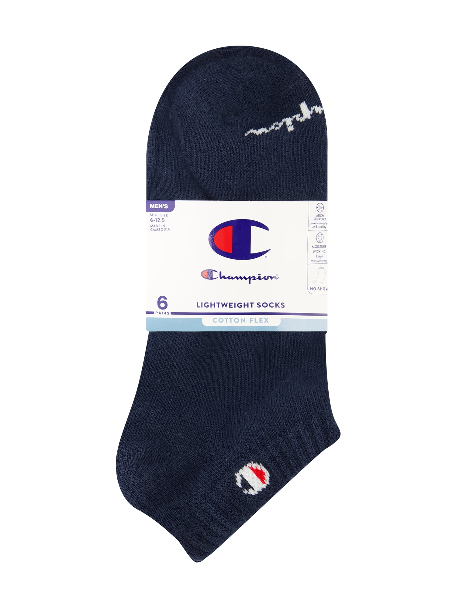 Champion Men’s Lightweight No Show Socks 6 Pack, Moisture-Wicking, Arch Support, Stretch Comfort, Sizes 6–12.5