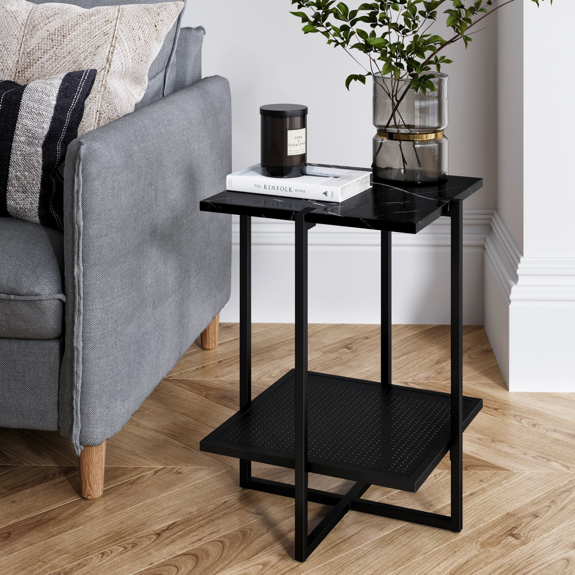 Myles Night Stand Accent Table with Black Marble Top and Black Metal