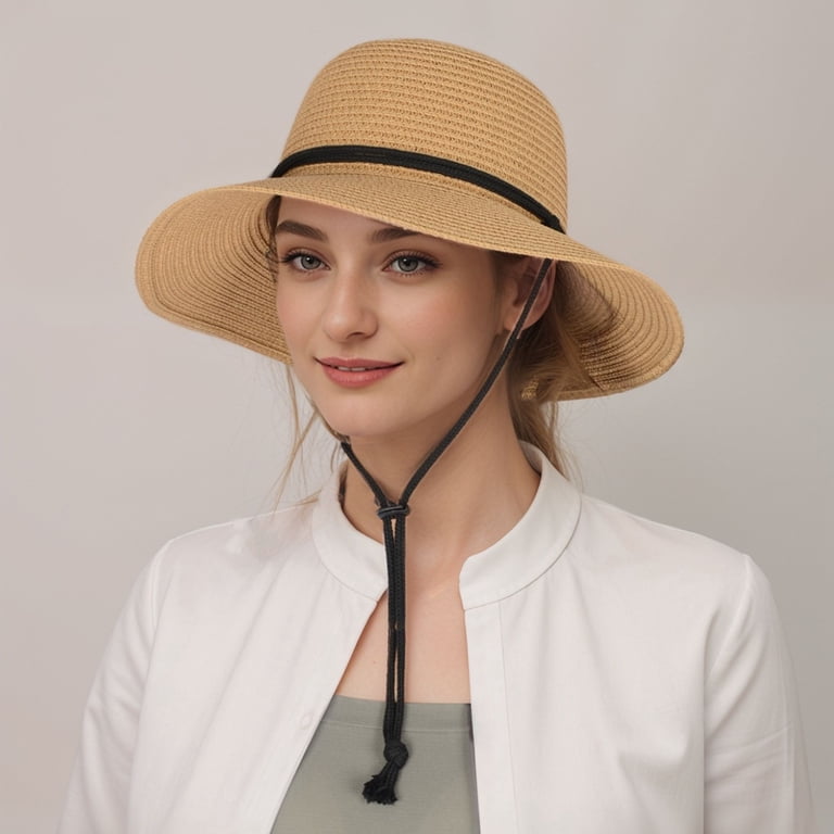 Wide Brim Straw Sun Hat with Adjustable Chin Cord Sun Beach Straw Hats for Women, Summer Wide Brim Hat Beige  main image 2