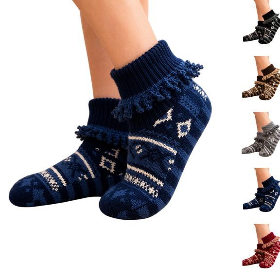 Women Vintage Ruffle Cuff Knit Crew Socks, Soft Cozy Warm Thermal House Socks, Retro Pattern Casual Socks for Fall Winter Daily Wear Navy S