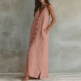 thumbnail image 2 of Lmueinov Women's Cotton Linen Spaghetti Strap Maxi Dress V Neck Button Down Loose Long Dress with Side Pockets Casual Flowy Dress for Summer Beach Vacation, S-XXL, 2 of 3
