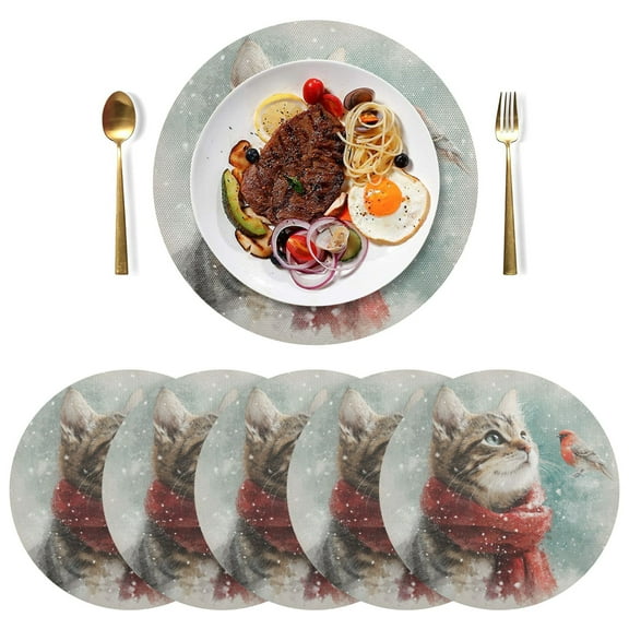 Qxltty 15inch Round Placemats Set of 6 Polyester Fabric Heat Resistant Washable Table Mat for Kitchen Party Decor Winter Cat