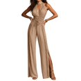 thumbnail image 2 of BRGZLK Halter Deep V Neck Jumpsuits for Women Stylish Solid Color Side Slit Backless Loose Comfort Dressy Wide Leg Pants Cocktail Party Rompers Casual Outfits Khaki L, 2 of 6