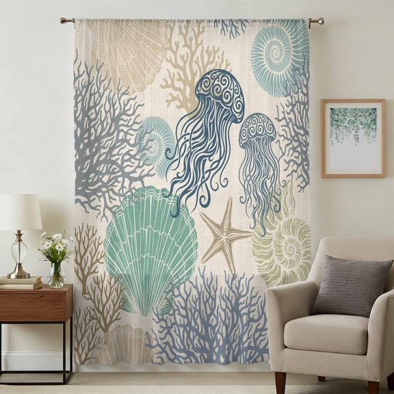 Nautical Coastaal Sheer Curtains 96" Long, Ocean Jellyfish Coral Seashells Conch Beige Light Filering Curtains, Privacy Drapes Simi Floor to Veiling Curtain for Living Room Large Window Treatment