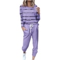 thumbnail image 2 of Long Sleeve Crew Neck Plus Size Casual Stripe Polyester Two Piece Set Of Tops And Pants,Women's Outfit Crewneck Pullover Pants Tracksuit Sweatsuits With Sweatpants, 2 of 5
