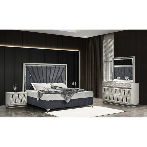 4 Pc Queen Bedroom , Modern Design With Wood Bed & Led Accents, 6 Dresser, Mirror, 2 Nightstand In River Sand Grey 4pc Ensemble, Style Hydraulic Lift Storage, Tone