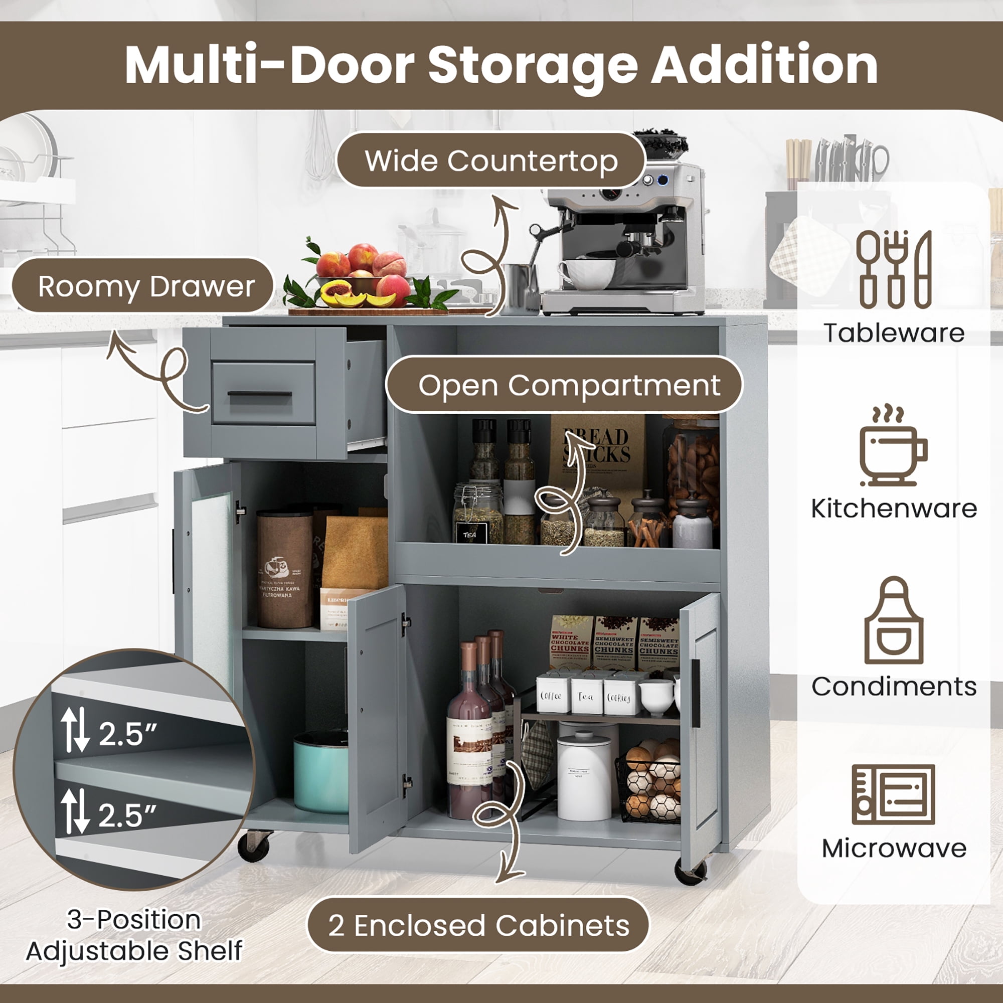 Gymax Kitchen Island Cart on Wheels Microwave Cabinet w/ Frosted Tempered Glass Door