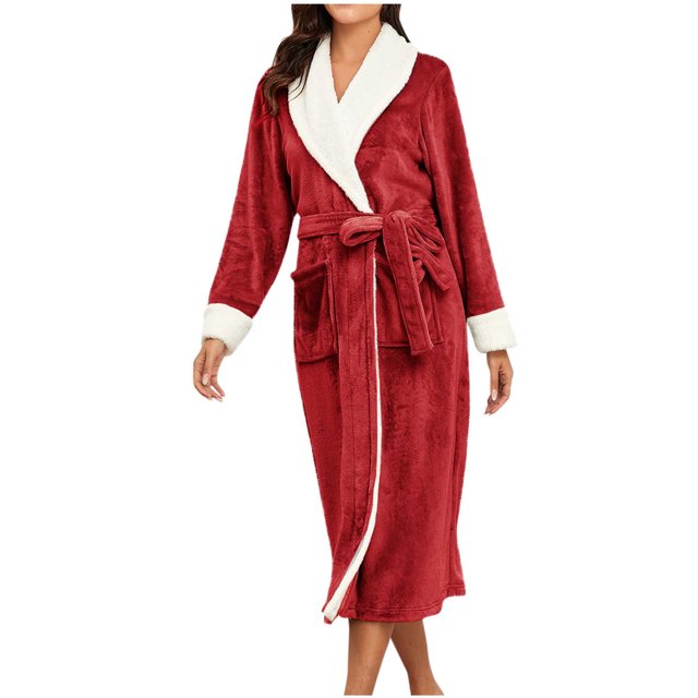 Penkiiy Womens Plush Soft Robe Warm Fleece Shawl Collar Bathrobe Fluffy Long Robes with Pockets L Wine