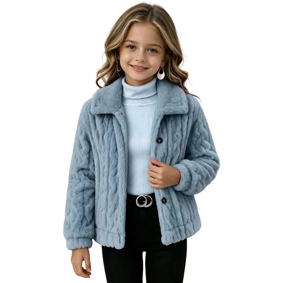 BXJX Girls Fleece Jackets Size 6-7, Casual Lapel Collar Button Down Warm Outerwear Jackets