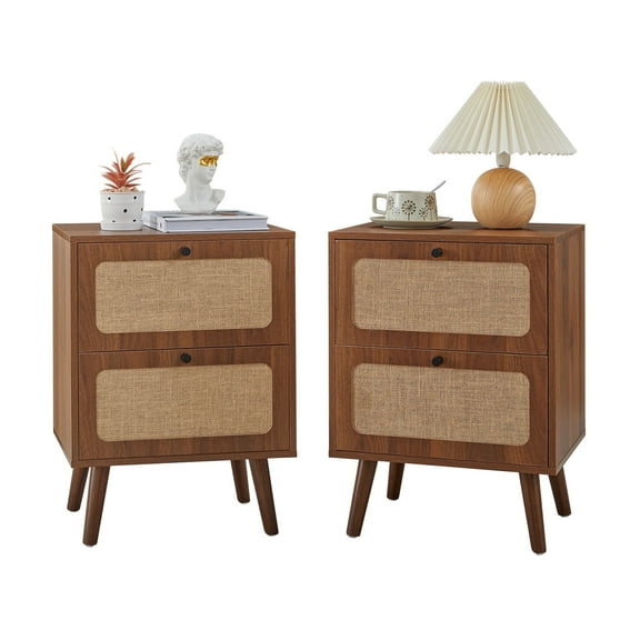 YOCWO Nightstand for Bedroom Set of 2 , Linen Bedside Table Set of 2 with Drawers, Walnut