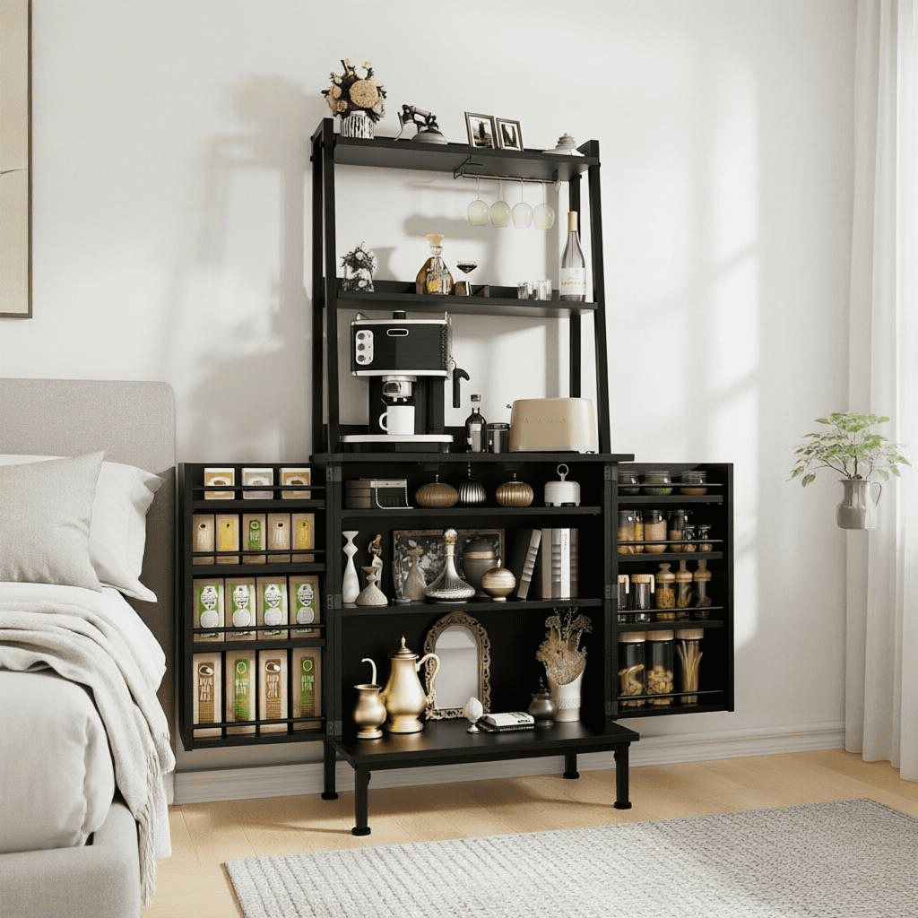 ETASE 58'' Pantry Cabinets with Microwave Shelves, Freestanding Kitchen Storage Cabinet with Adjustable Shelves, Buffet Cupboards for Kitchen/Dining Room/Living Room, Black