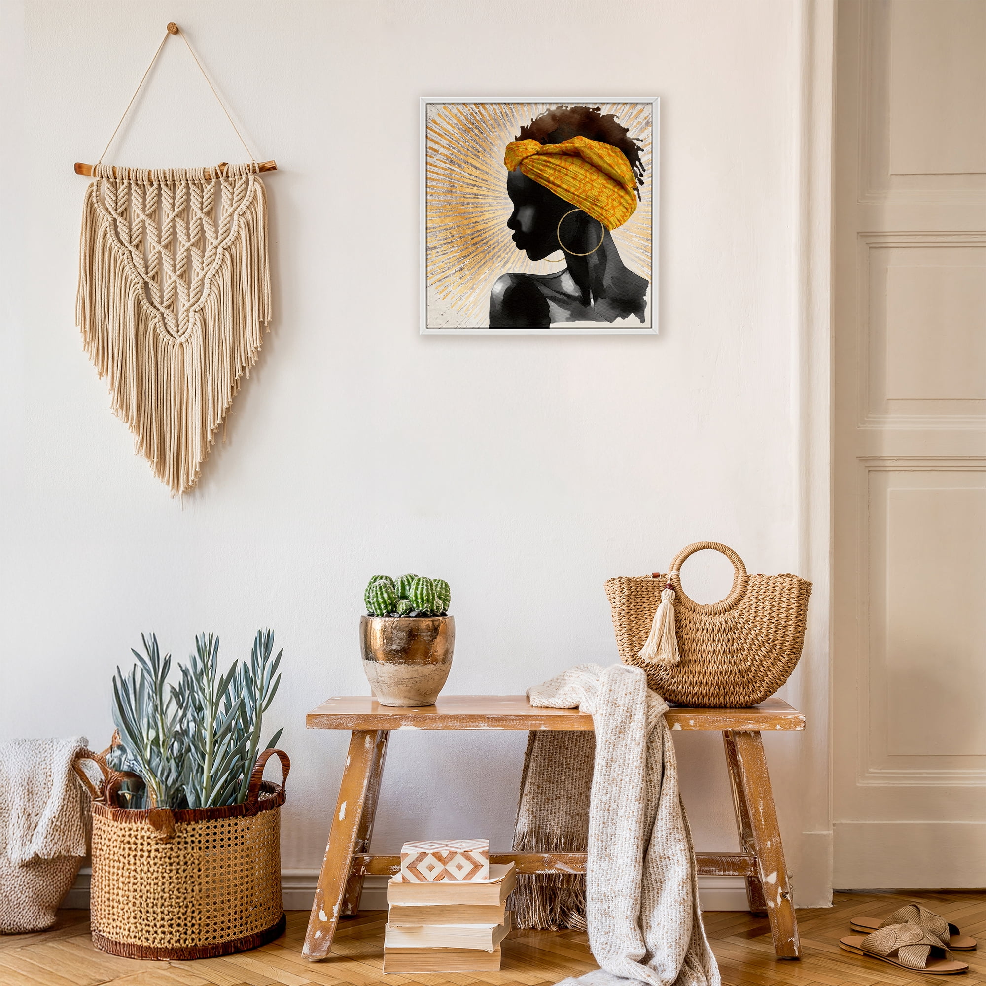 Stupell Industries Golden Sunburst Profile with Headwrap White Framed Giclee Art, design by CAD Designs