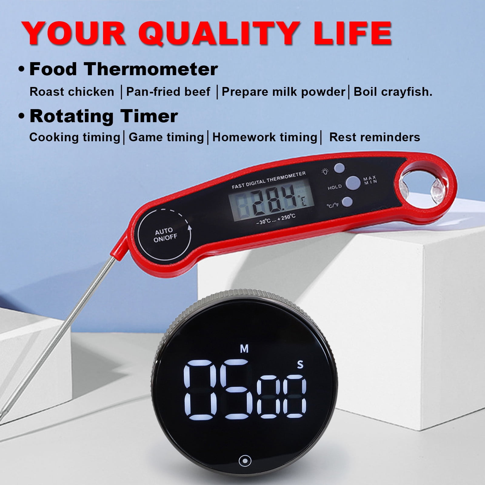 Digital Food Thermometer and Timer  with Backlight, LCD Display, Essential for Outdoor Barbecue, Used for Beef, Turkey, Lamb chops, Cooking