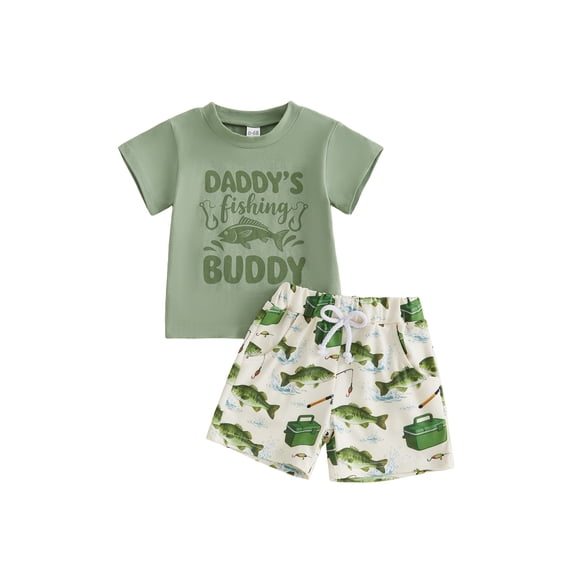 BemeyourBBs Toddler Boy Summer Clothes Infant Baby Boys Fishing Outfit Daddy's Fishing Buddy Letter Print Short Sleeve T Shirt and Pockets Shorts Set Toddler Baby Boys Summer 2 Piece Outfit