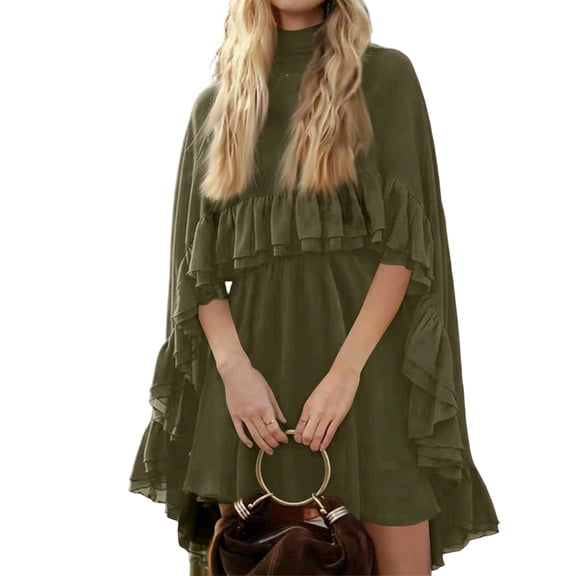 CIENVNSTG Wedding Guest Dresses For Women Turtleneck Camisole 2 Piece Chiffon Ruffle Mini Dress Set Flowy Layered Outfit Elegant Suit Green L