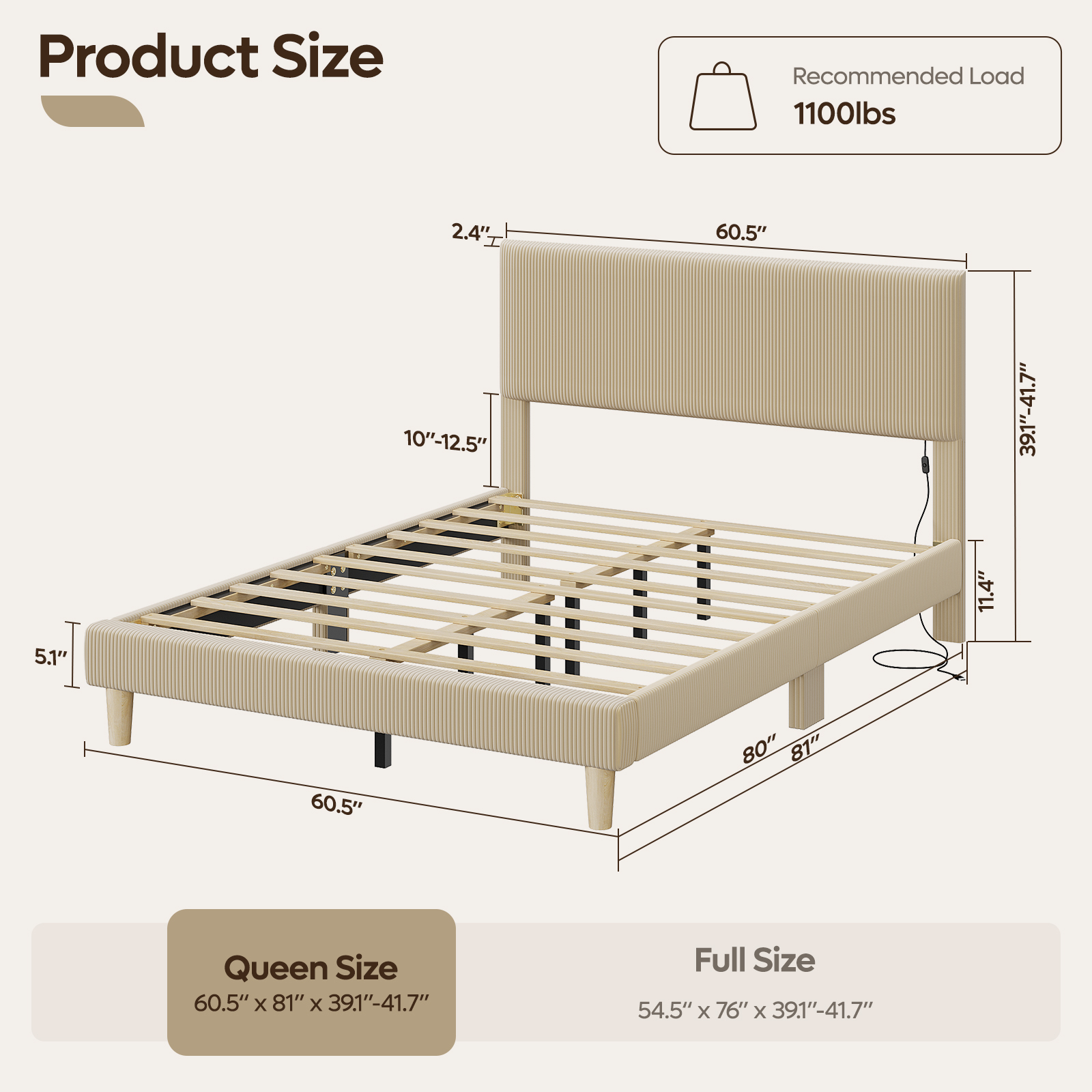 Bestier Corduroy Queen Platform Bed with LED Lights, Beige photo 2