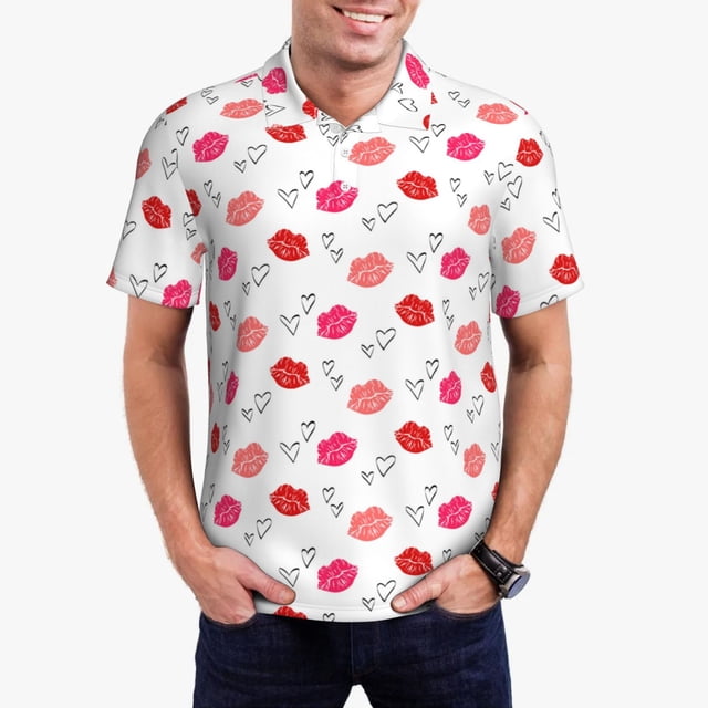 Balery Red Lips 1 Camisa Polo de Hombre con Estampado, de Manga Corta y Tejido Medio, Camisa Tipo Golf Polo-4X-Large