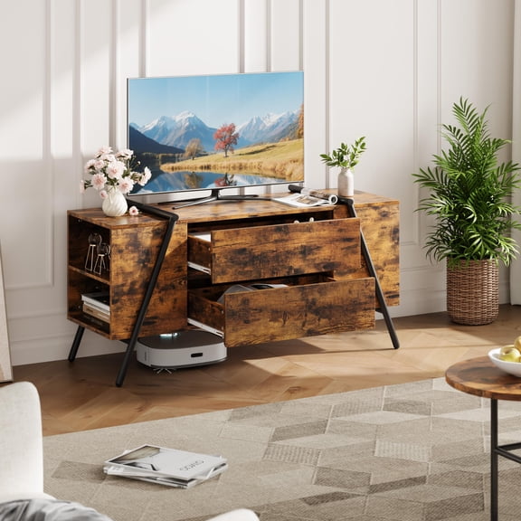 47-Inch Farmhouse TV Console, Wooden Entertainment Center with U-Shaped Metal Frame, Adjustable Shelves & Double Drawers, Media Stand for 50-65 Inch TVs, Amber Oak Tone