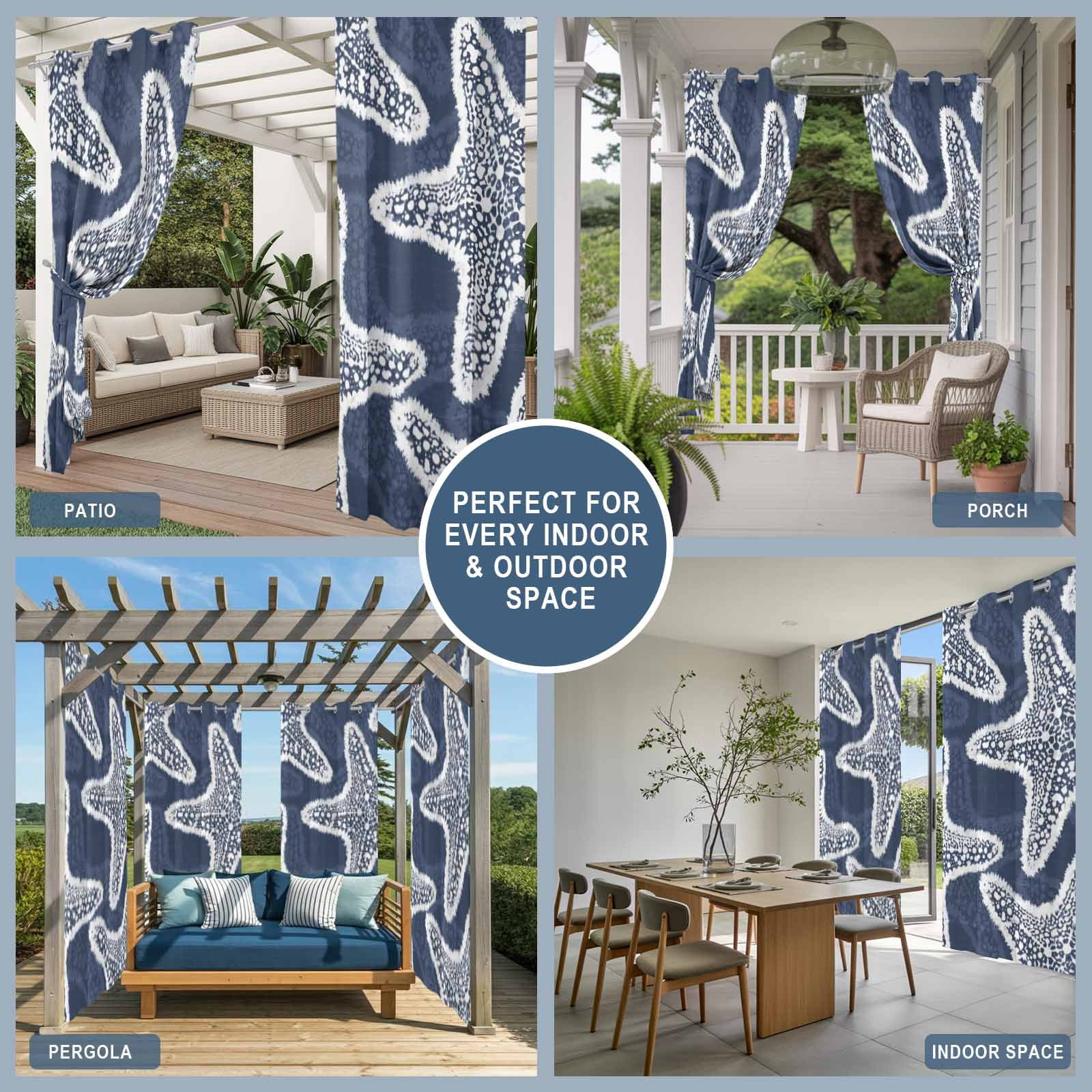 Navy Blue Starfish Outdoor Curtains for Patio, Coastal Summer Ocean Beach Nautical Modern Sunshade Privacy Drapes Grommet Waterproof Outside Curtains for Porch/Cabana/Balcony 54"x 108", 1 Panel