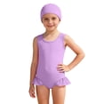 thumbnail image 2 of LYHao Solid Color Swimsuit With Matching Cap For Girls Comfortable Swimwear,One-Piece Bathing Suit 15-16 Years Purple, 2 of 5