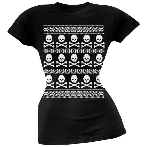 Big Skull And Crossbones Pattern Ugly Christmas Sweater Black Juniors T-Shirt - Medium