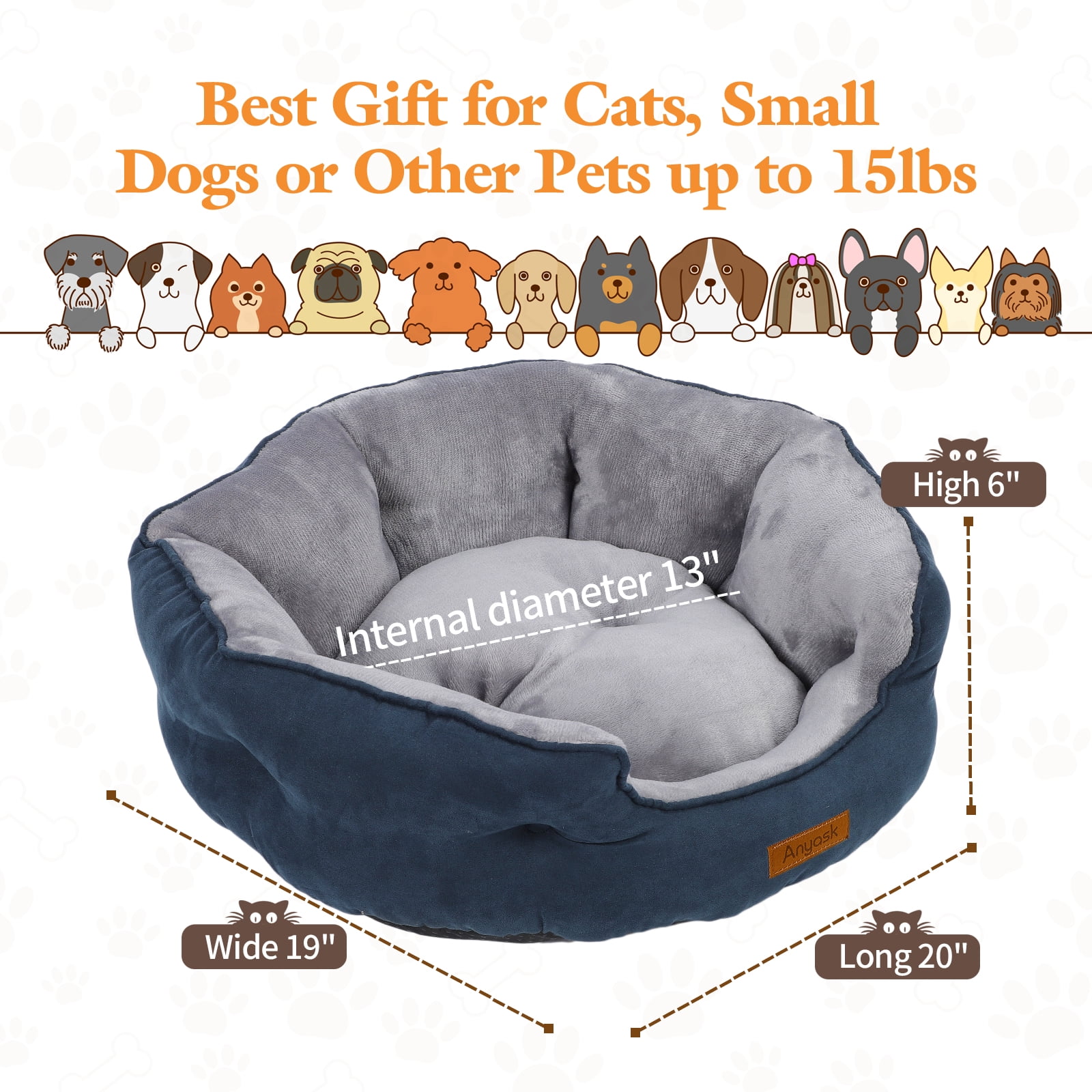 Anyask Round Soft Cat Beds for Small Indoor Cats Dog Up to 15 lbs, Blue 20"x19"x6"