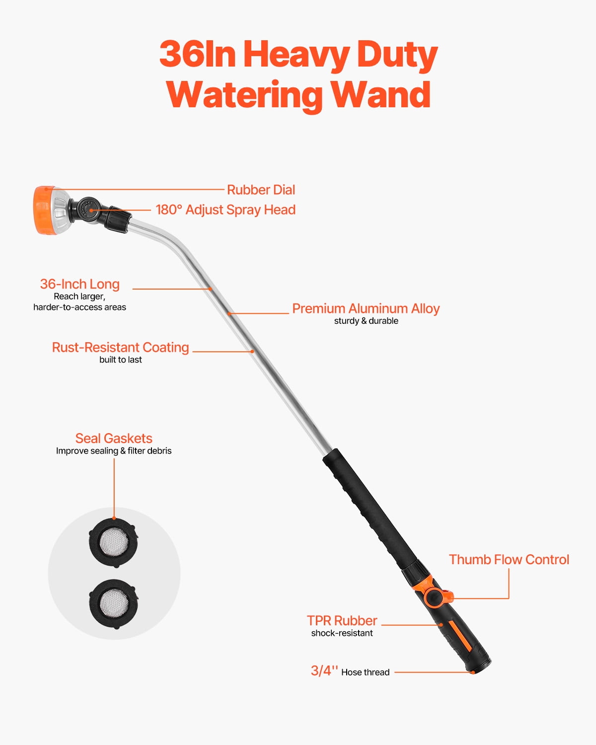 KFFKFF 36-Inch Garden Hose Wand with 8 Spray Modes & Adjustable Swivel Head, Long Nozzle Sprayer with Thumb-Control Valve for Watering Baskets, Shrubs, Lawns
