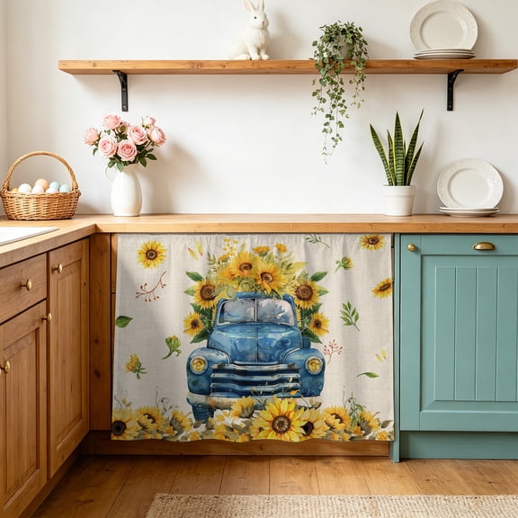 Sunflower Cabinet Curtain 28"Wx35"L, Dustproof Under Sink Skirt with Self Adhesive Tape, Watercolor Summer Floral Truck Vintage Cabinet Curtain Cover for Bathroom Vanity, Kitchen Sink, Laundry Room
