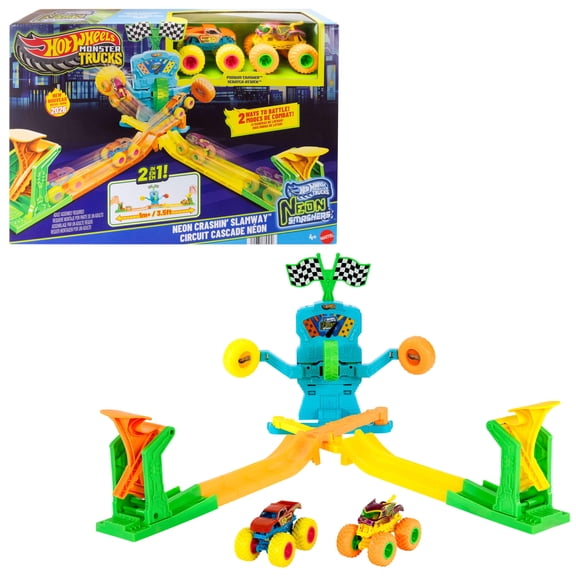 Hot Wheels Monster Trucks Neon Crashin’ Slamway Playset with 2 Toy Vehicles, 2 Ways to Play