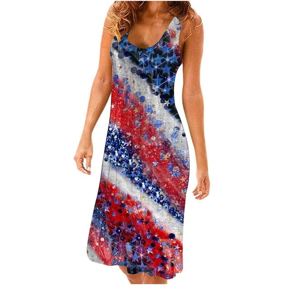 Wycnly Independence Day Dresses for Women Flowy Pleated Swing High Waist 4th of July Patriotic Mini Dresses Sleeveless U-Neck Star Flag Print Summer Short Formal Dress Multicolor m