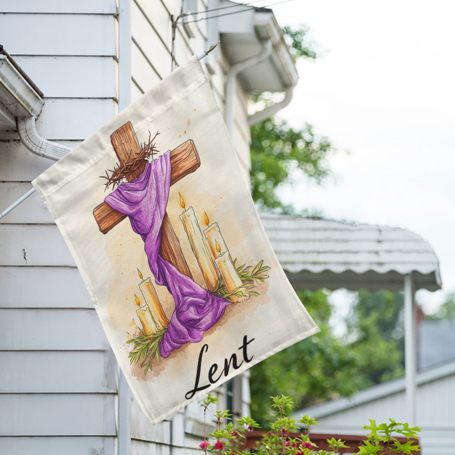 America Forever Lent Cross Candles House Flag, 28 x 40 inch Double Sided, Wooden Cross Crown Thorns Purple Cloth, Lenten Season Religious Candles, Sacred Cross Flag