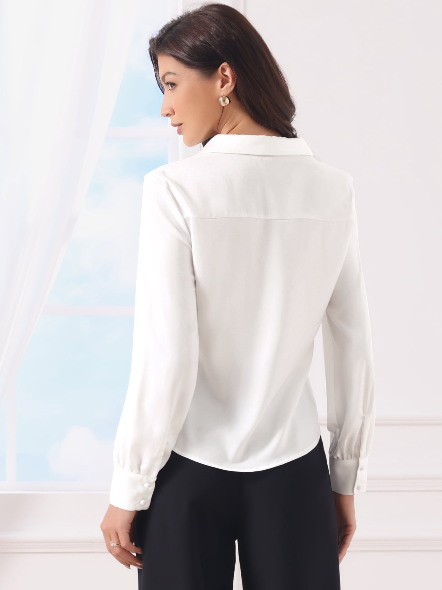 DARING DIVA Women's Work Silk Satin Button Down Long Sleeve Tops Blouse XL White