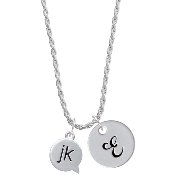 Delight Jewelry Silvertone Text Chat - jk - Just Kidding - Silvertone Script Initial Disc - E - Charm Necklace, 20" 3"