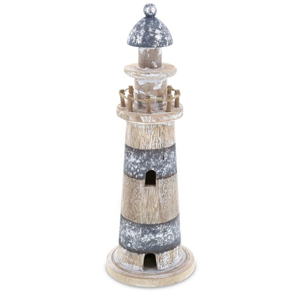 CoTa Global Silver Sea Lighthouse - Handmade Distressed Wooden Lighthouse Decoration, Decorative Beach Style Tabletop Centerpiece, Blue Stripes Nautical Home Decor - Large, 11.8 Inch, Color May Vary