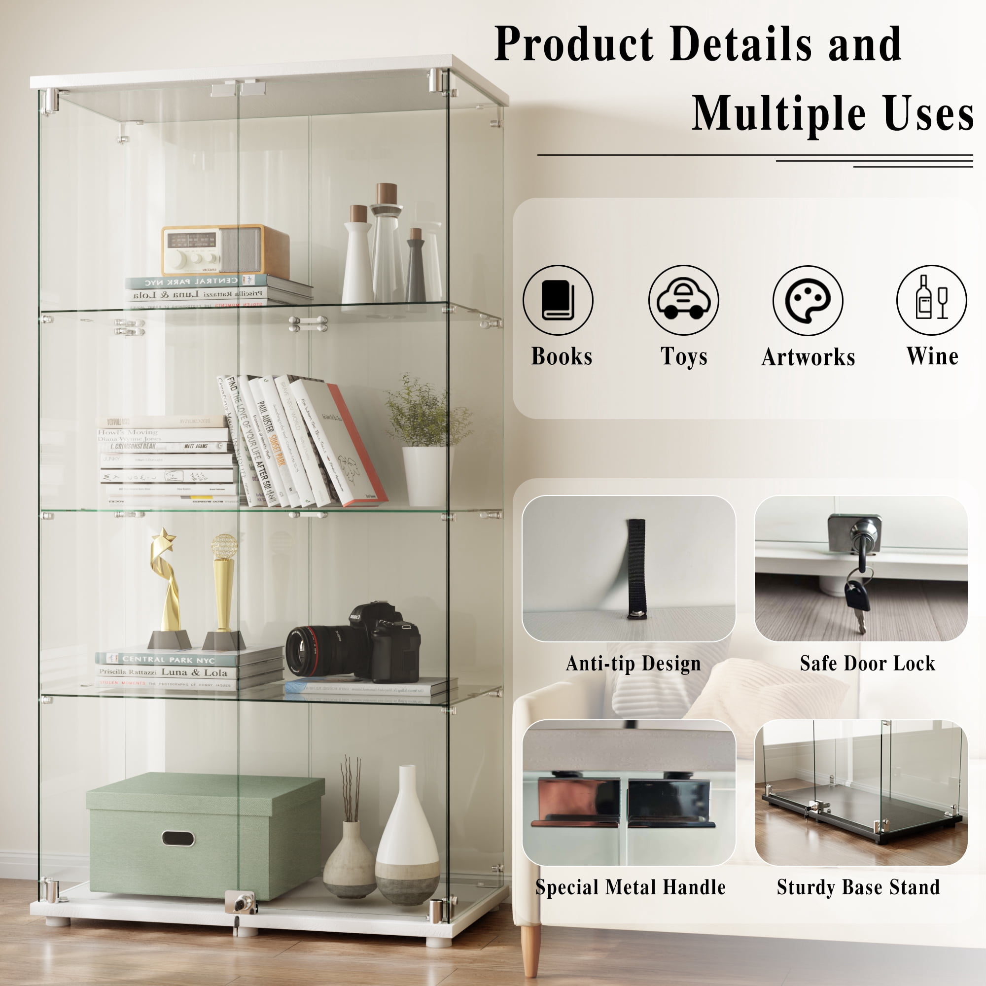 BEAUTYPEAK 64" Display Cabinet with Glass Doors,4-Tier Double-Door Curio Cases with White Panels