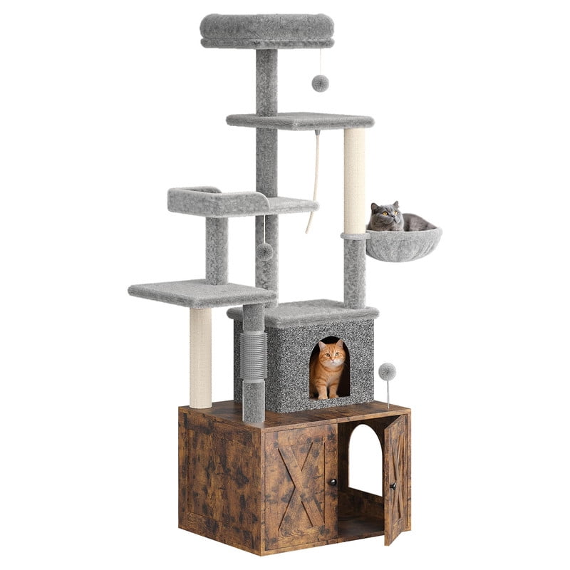TROPOW 3-in-1 Modern Cat Tree Tower with Hidden Litter Box Enclosure – Integrated Cat Condo, Scratching Posts, Hammock, Perch Platforms – Cat Washroom Furniture