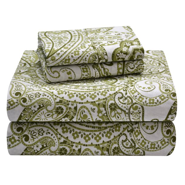 Boho Paisley Sage Combed Cotton Printed Sheet Set King, Boho Paisley