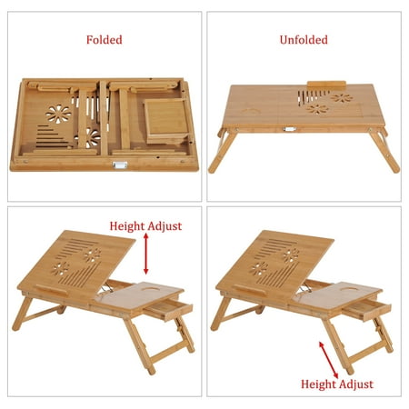 Foldable Bamboo Wood Laptop Stand Notebook Desk Table With Drawer