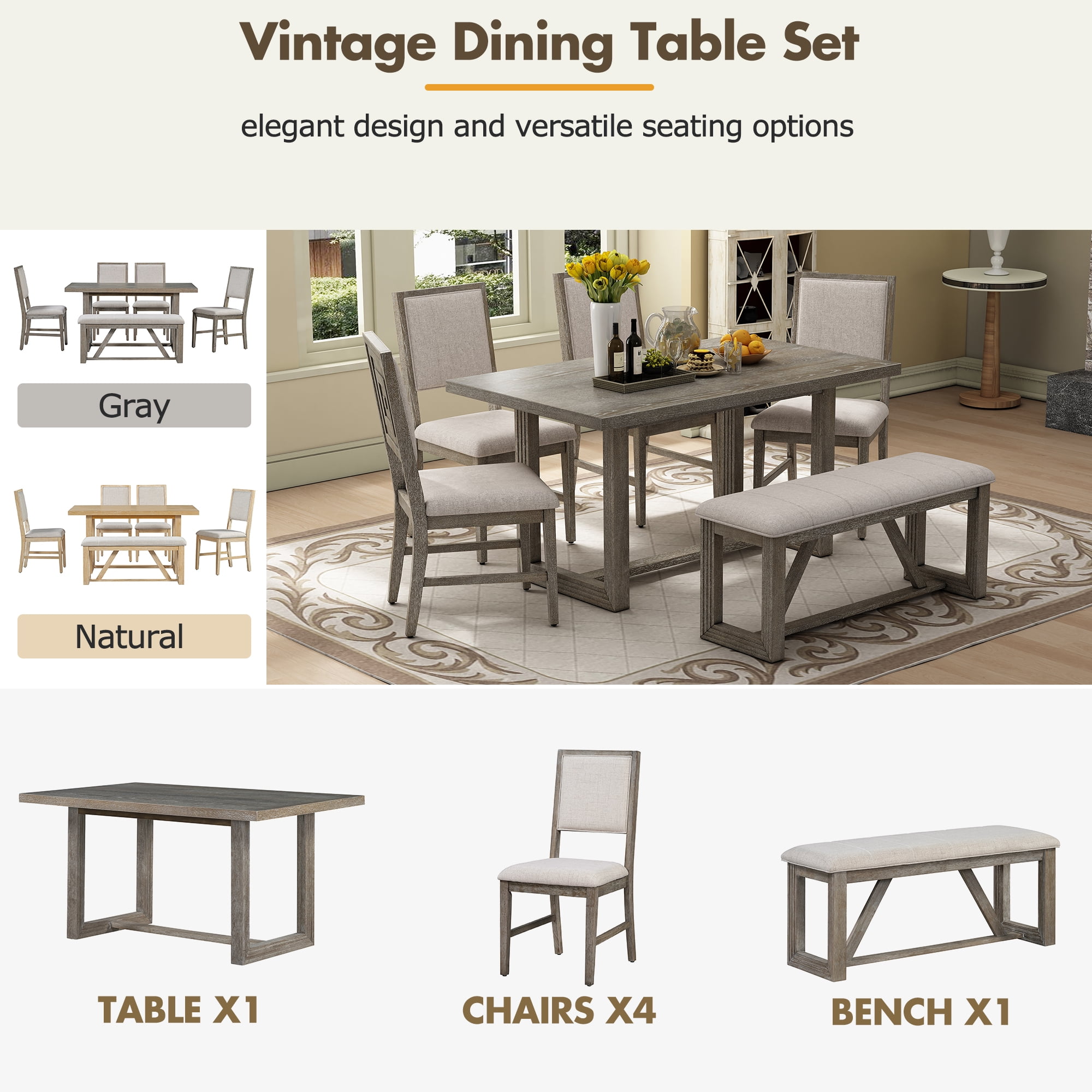 MAYEERTY 6-Piece Retro Dining Table Set for 6, 60" Wood Kitchen Table and Chairs Set of 4 with Bench Designed Trestle Base for kitchen & Dining Room (Gray)