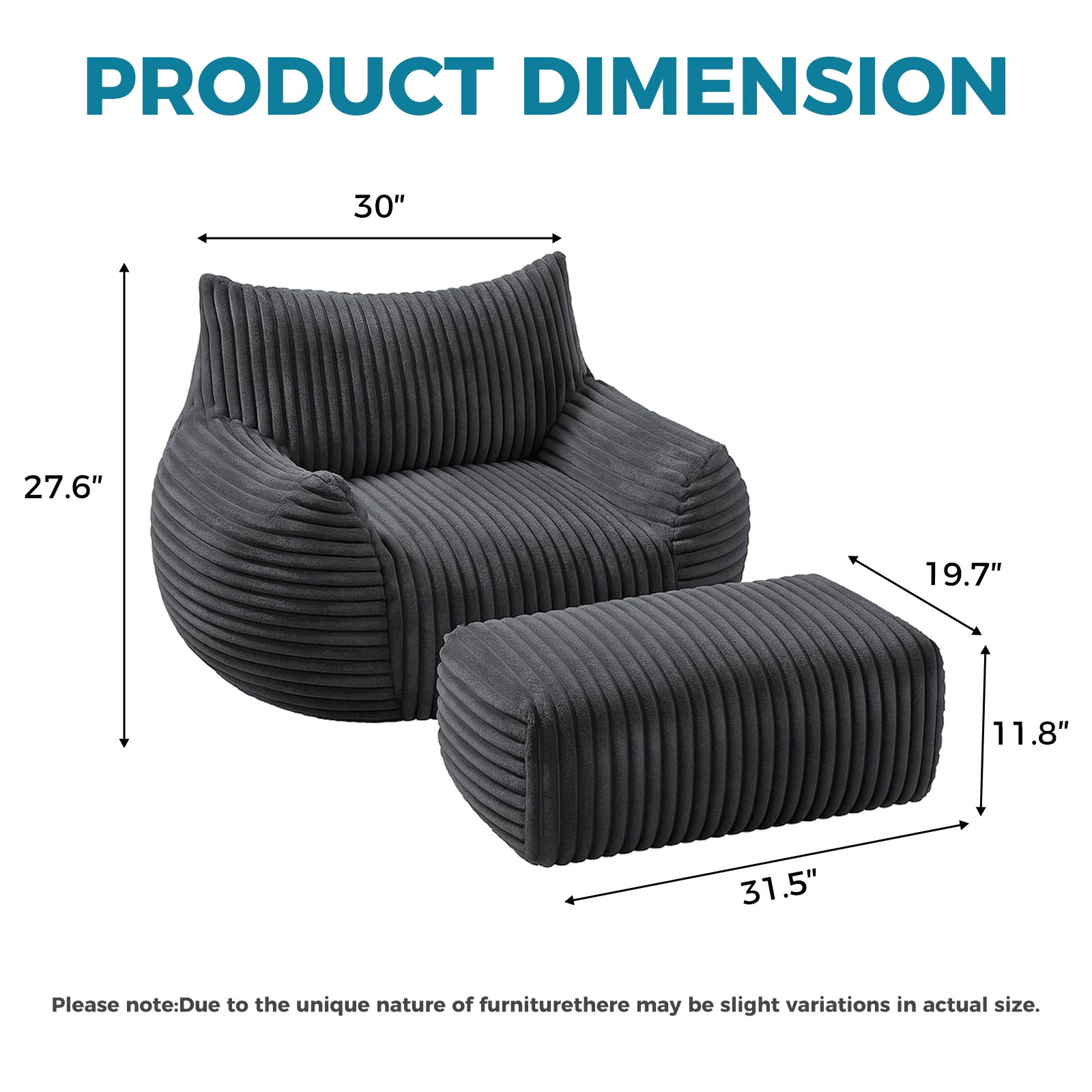 Bean Bag Chair with Ottoman,Big Bean Bag Chairs for Adults with Filling,Lazy Floor Chair with Back Support,Memory Foam Sofa Giant Beanbag Chair for Bedroom Livingroom